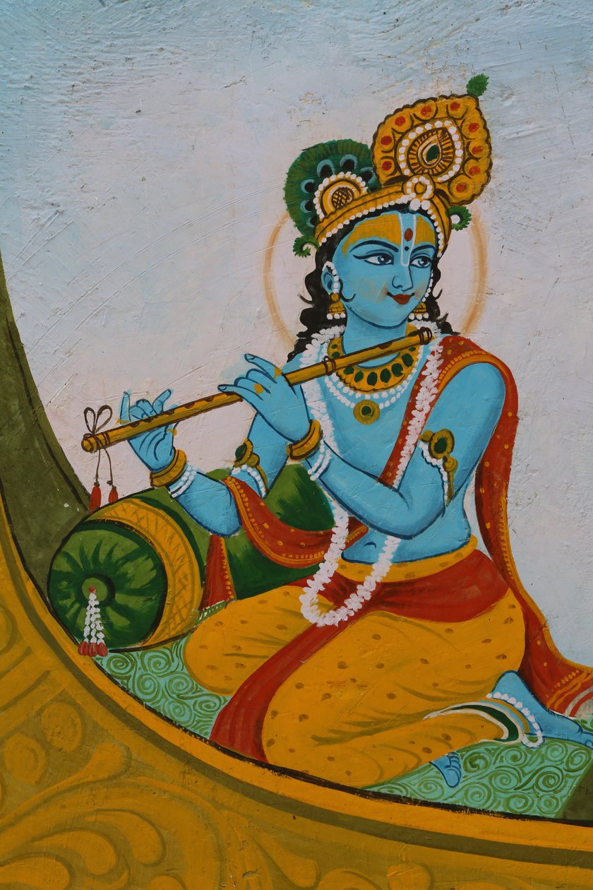 एक नाव पर कृष्ण को चित्रित करती पेंटिंग। भारत द्वारा अज्ञात