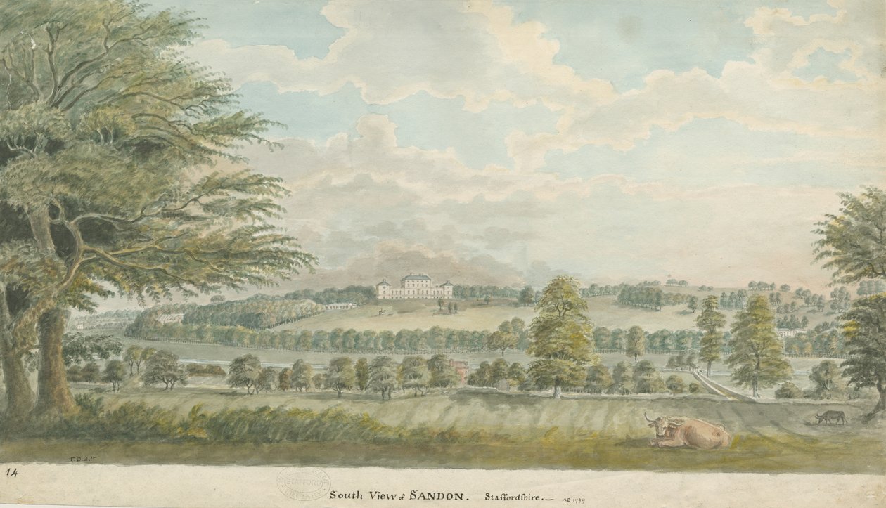 सैंडन हॉल: वाटर कलर पेंटिंग, 1797 द्वारा अज्ञात