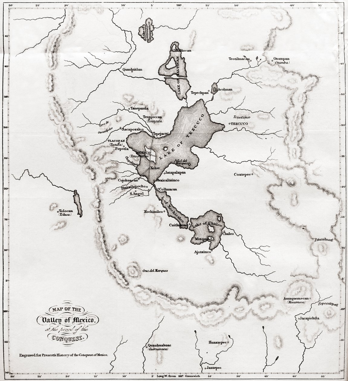 विजय के समय मैक्सिको की घाटी का मानचित्र, मैक्सिको के इतिहास से, 1850 में प्रकाशित हुआ द्वारा अज्ञात अज्ञात