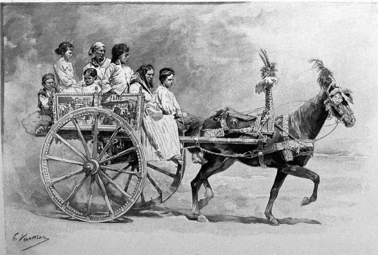 एक पारंपरिक सिसिली गाड़ी। 19वीं सदी की नक्काशी द्वारा अज्ञात कलाकार
