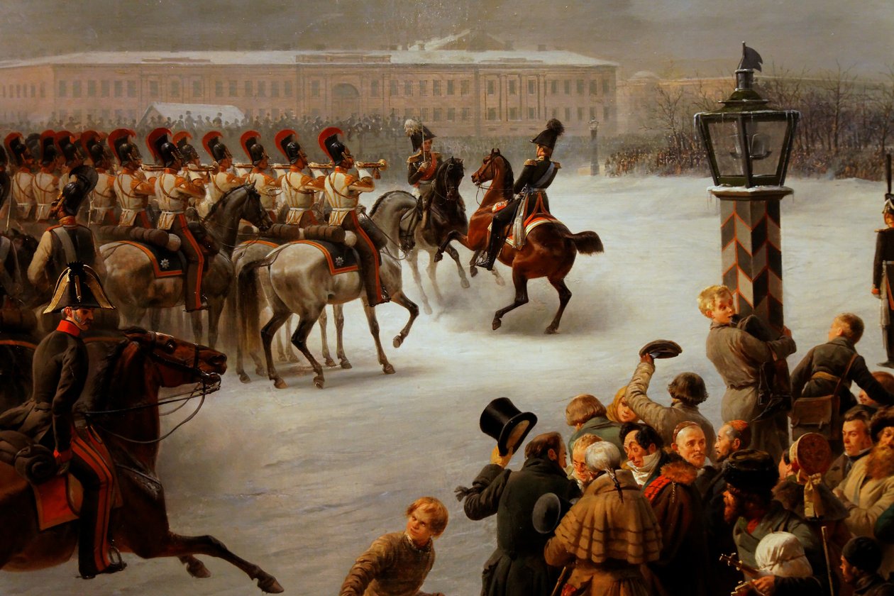 14 दिसंबर, 1825 को गार्ड की रेजिमेंट द्वारा डिक्रैबिस्टों के वर्ग पर हमला द्वारा जॉर्ज विल्हेम टिम