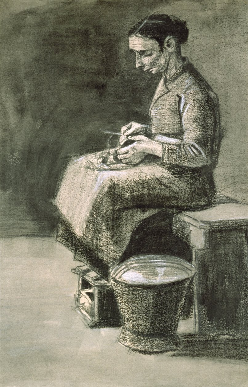 आलू छीलने वाली महिला, 1882 (काला चाक और कागज पर सफेद रंग से उकेरा हुआ) द्वारा विन्सेंट वैन गॉग