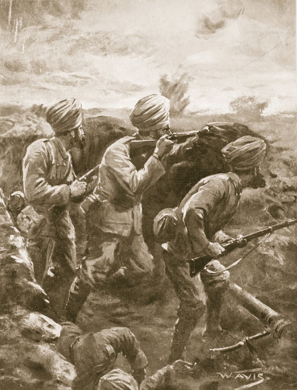 नाइक शाहमाद खान, दो अन्य लोगों के साथ, अपनी मशीन-बंदूक के बाद अपनी जमीन को पकड़े हुए, शेल-फायर द्वारा दस्तक दी गई थी द्वारा डब्ल्यू। एविस