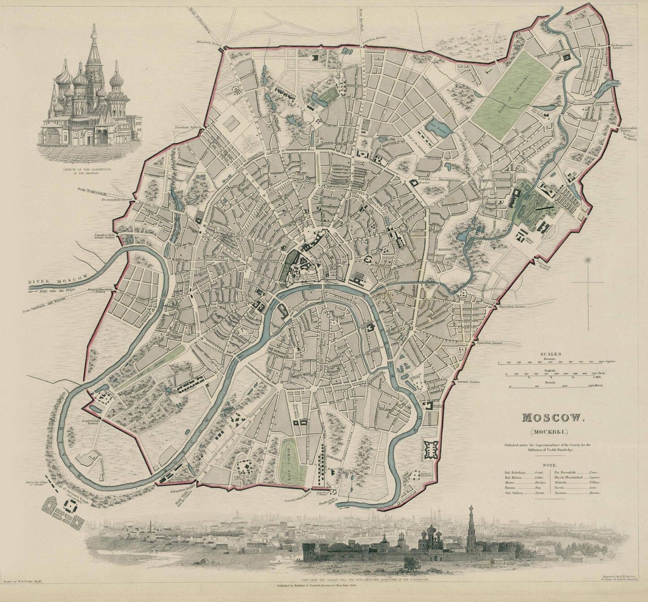 मास्को का नक्शा, 1836 द्वारा डब्ल्यूबी क्लार्क