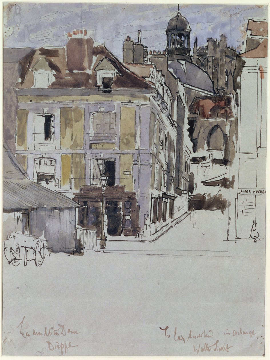 La Rue Notre Dame, Dieppe, अग्रभूमि में Quai Duquesne के साथ, c.1899 (कागज पर पेंसिल और स्याही से wc) द्वारा वाल्टर रिचर्ड सिकर्ट