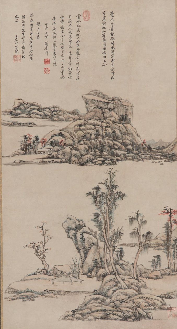 नी ज़ान की शैली में शरद पर्वत, किंग राजवंश, 1704 (कागज पर स्याही और रंग) द्वारा वांग युआनकी