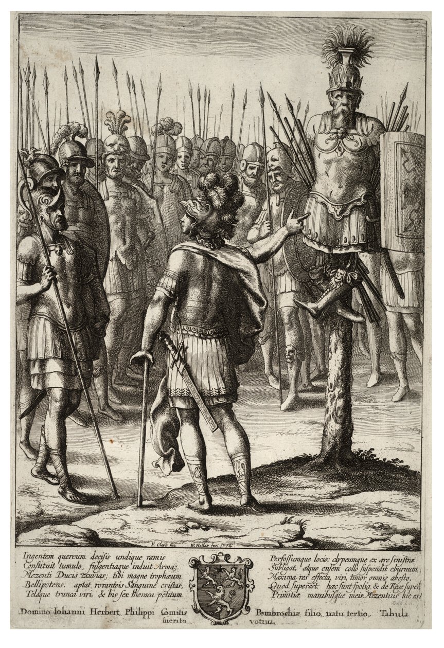 एनेस मेज़ेंटियस के हथियारों की एक ट्रॉफी बनाता है राज्य २ द्वारा Wenceslaus Hollar