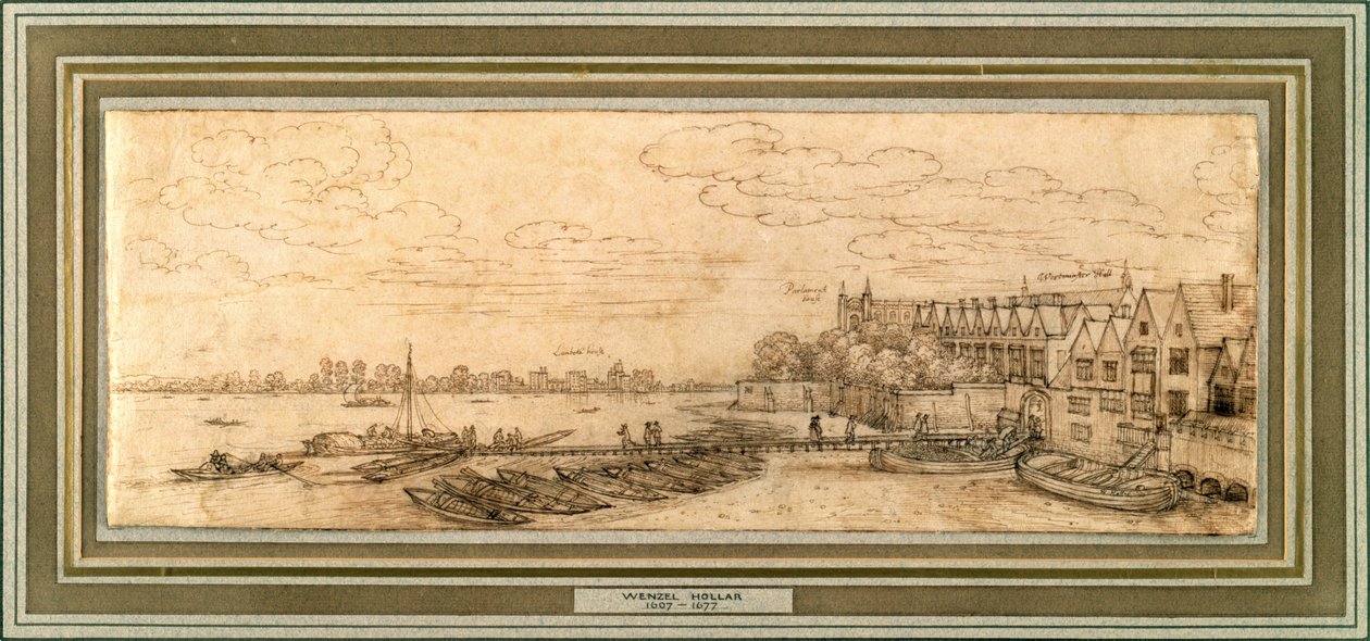 वेस्टमिंस्टर पियर के नीचे के टेम्स, c.1638 (कागज पर कलम और भूरे रंग की स्याही) द्वारा Wenceslaus Hollar