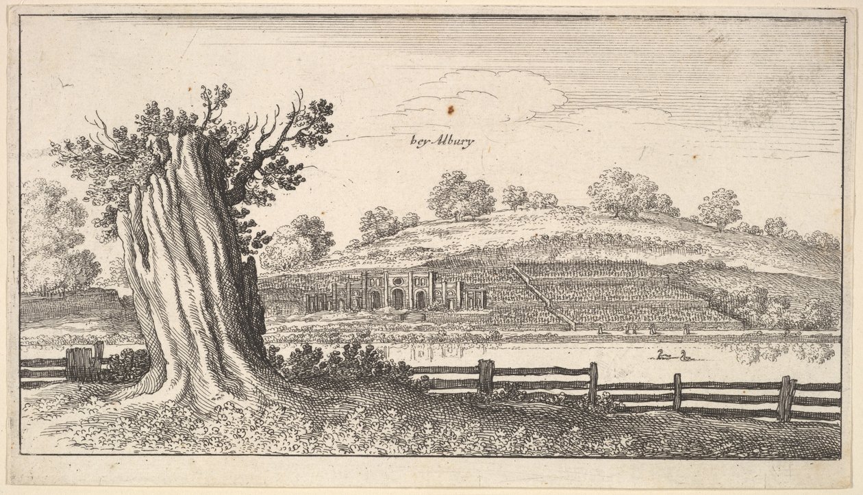 अग्रभूमि में पेड़-स्टंप के साथ एल्बरी, 1625-77। द्वारा Wenceslaus Hollar