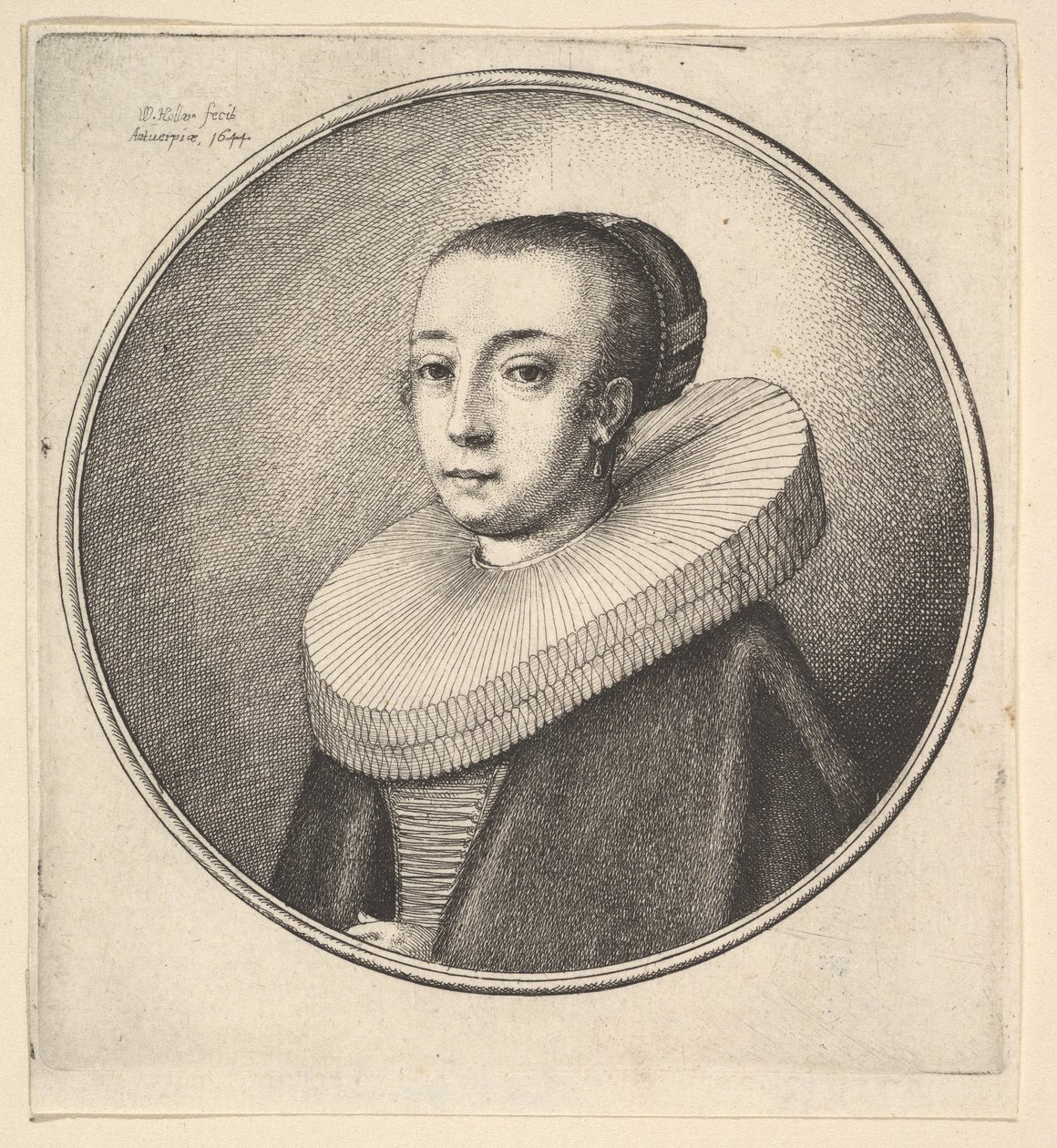 सर्कुलर लेस रफ वाली महिला, 1644। द्वारा Wenceslaus Hollar