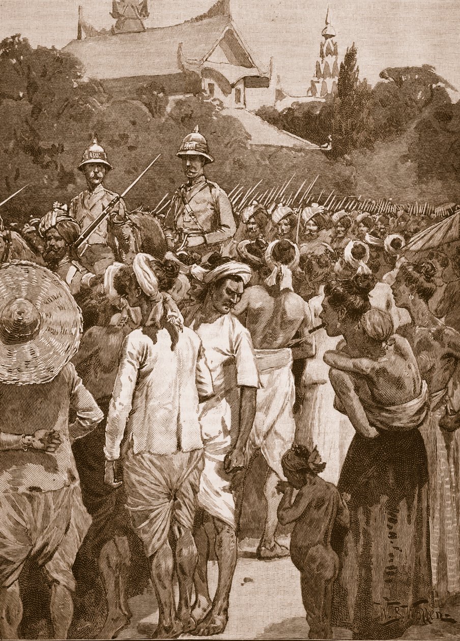 1885 में मंडला में प्रवेश करने वाली ब्रिटिश सेना, &39;कासल इलस्ट्रेटेड हिस्ट्री ऑफ़ इंग्लैंड&39; का चित्रण द्वारा विलियम बार्न्स ऊन