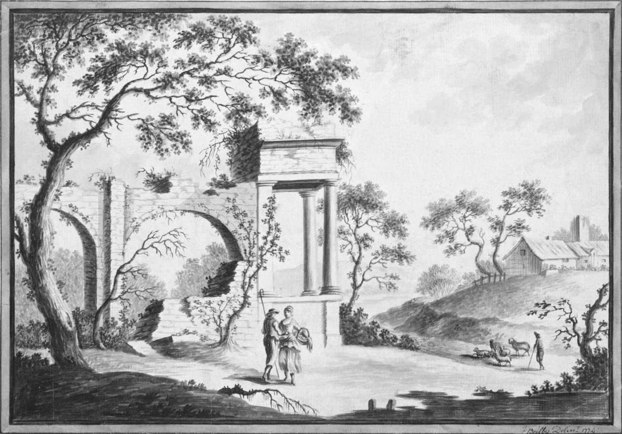 शास्त्रीय खंडहर और चरवाहों (ड्राइंग) के साथ इतालवी लैंडस्केप द्वारा विलियम बील्बी