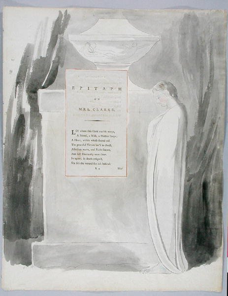 मिसेज क्लार्क पर एपीटैफ़, थॉमस ग्रे की कविताओं से 103 डिजाइन, 1797-98 (कागज पर कलम और स्याही के साथ wc) द्वारा विलियम ब्लेक