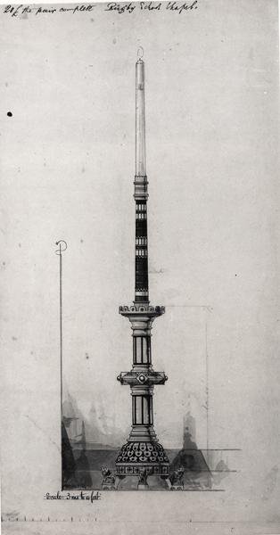 कैंडलस्टिक, रग्बी स्कूल चैपल, c.1870 (काली स्याही, पेंसिल और wc) के लिए डिज़ाइन द्वारा विलियम बटरफील्ड