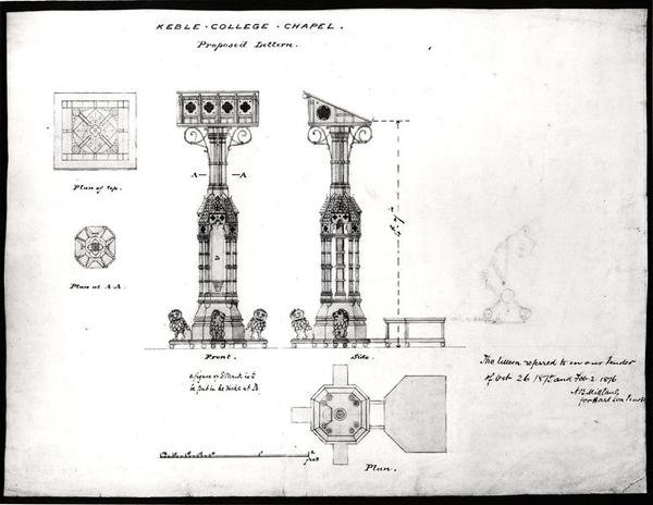 लेक्चर के लिए डिज़ाइन, केबल कॉलेज चैपल, ऑक्सफोर्ड, 1875-76 (काली स्याही, पेंसिल और वाटर कलर) द्वारा विलियम बटरफील्ड