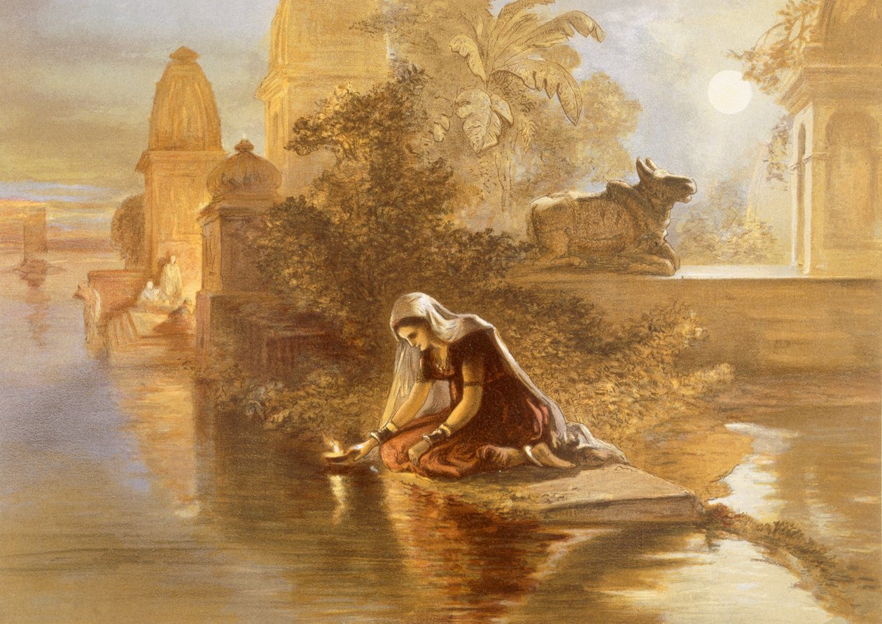 इंडिया प्राचीन और आधुनिक ’, 1867 से गंगा पर भारतीय महिला फ्लोटिंग लैंप द्वारा विलियम क्रीमिया सिम्पसन