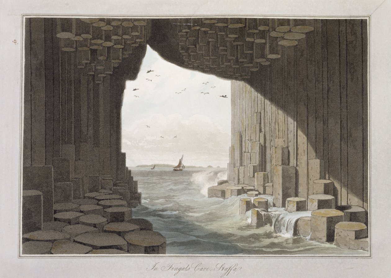 फिंगल की गुफा में, स्टाफ़, 1814 से 1825 के बीच &39;ए वॉयज अराउंड ग्रेट ब्रिटेन अंडरटेकन&39; से 1829 में प्रकाशित हुआ। द्वारा विलियम डेनियल