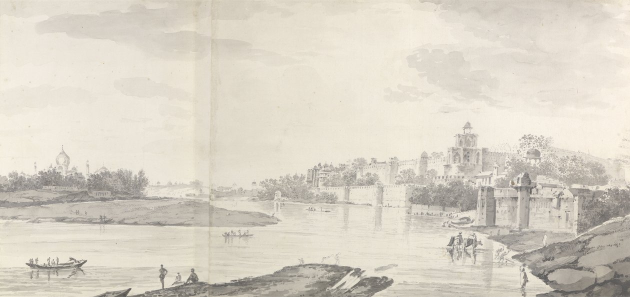 उत्तर-पूर्व से जुमना नदी पर आगरा के किले का एक दृश्य, c.1783 (कागज पर ग्रे धो और पेंसिल) द्वारा विलियम होजेस