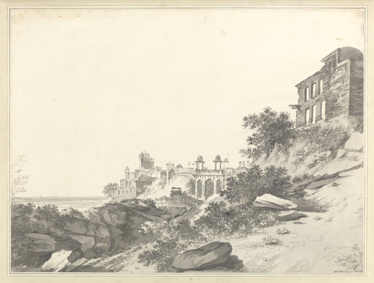 फतेपुर सीकरी में महल और मस्जिद के खंडहर का एक दृश्य, c.1783 (कागज पर धो और ग्रेफाइट) द्वारा विलियम होजेस