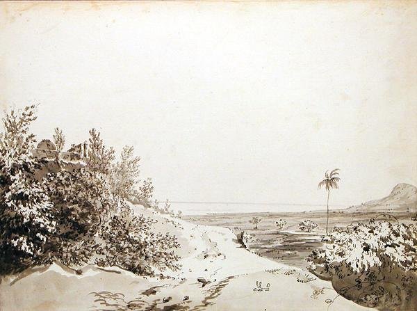 बंगाल की ओर से पूर्व की ओर देखती सकरगली के दर्रे से देखें, c.1781 (ग्रे वॉश, पेन और रखी हुई ग्रेफाइट पर काली स्याही) द्वारा विलियम होजेस
