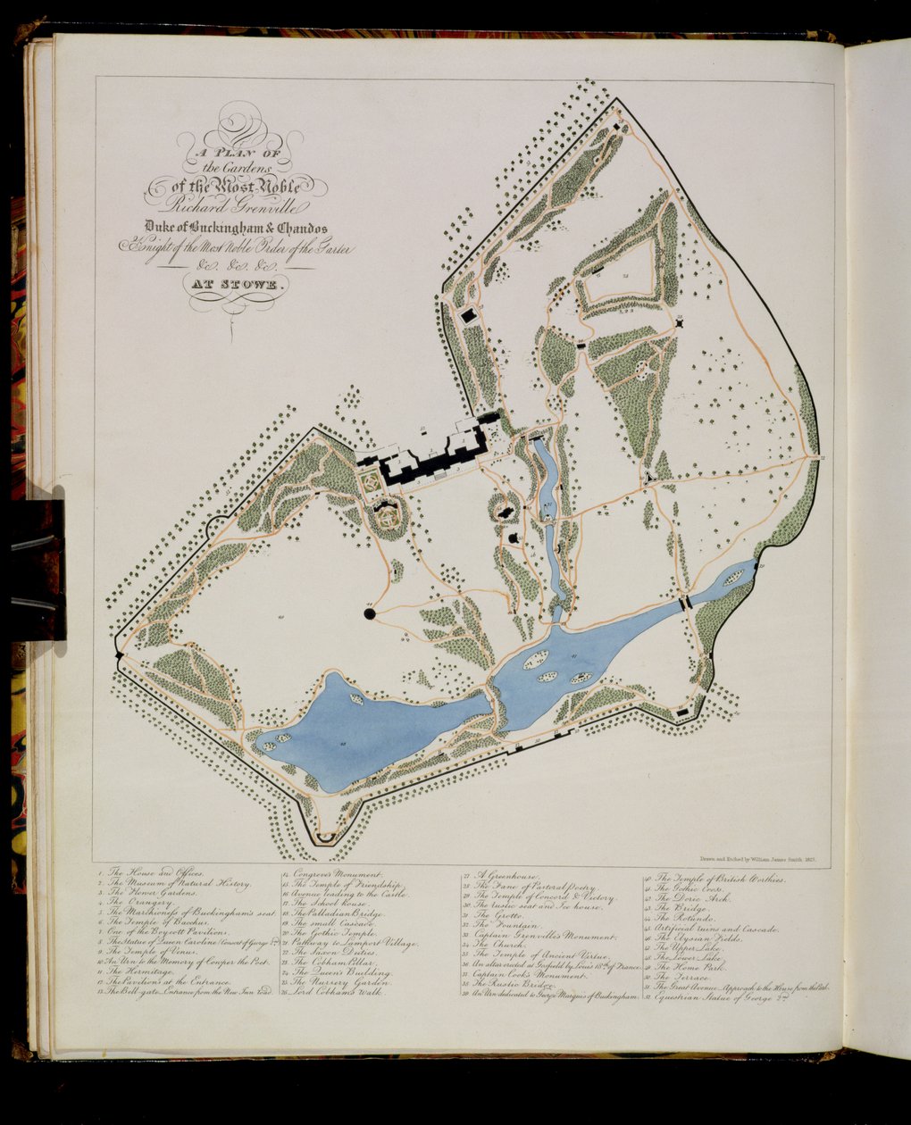 1827 में, स्टोव में रिचर्ड ग्रेनविले, ड्यूक ऑफ बकिंघम के गार्डन की एक योजना, कलाकार द्वारा बनाई गई द्वारा विलियम जेम्स स्मिथ