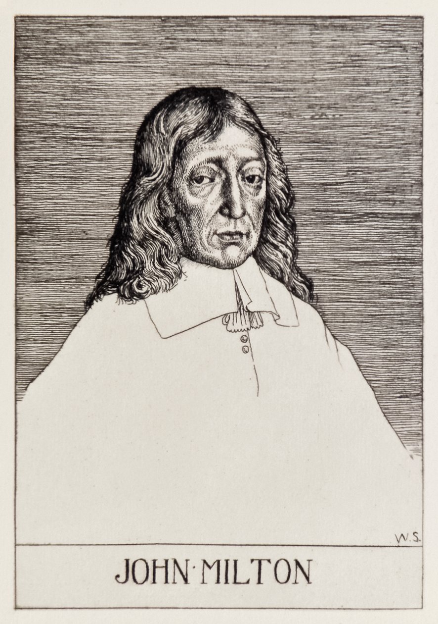 जॉन मिल्टन (1608-1674) के फ्रंटस्पाईजेरियन चित्र स्वर्ग से विलियम स्ट्रांग (1859-1921) द्वारा बनाए गए 12 चित्रों की एक श्रृंखला से खो गए। द्वारा विलियम स्ट्रैंड
