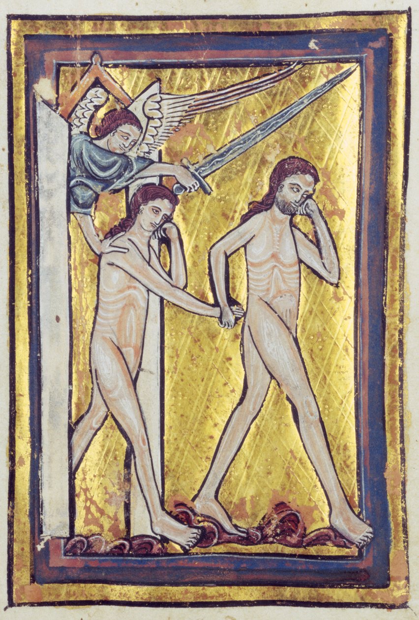आदम और हव्वा बाइबल की किताब की किताब से स्वर्ग से गायब हो गए, c.1250 द्वारा विलियम डी ब्रेलेस