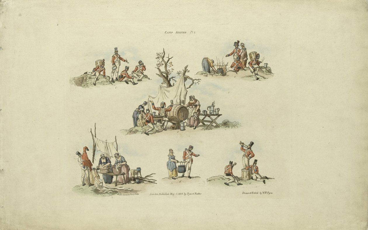 शिविर के दृश्य, 1803 (रंगीन नक़्क़ाशी) द्वारा Pyne के बाद विलियम हेनरी