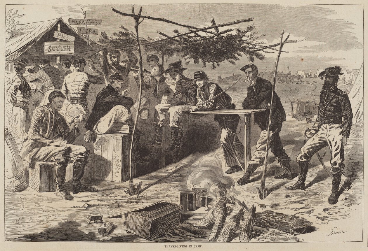 कैंप में थैंक्सगिविंग, 1862 में प्रकाशित। द्वारा विंसलो होमर