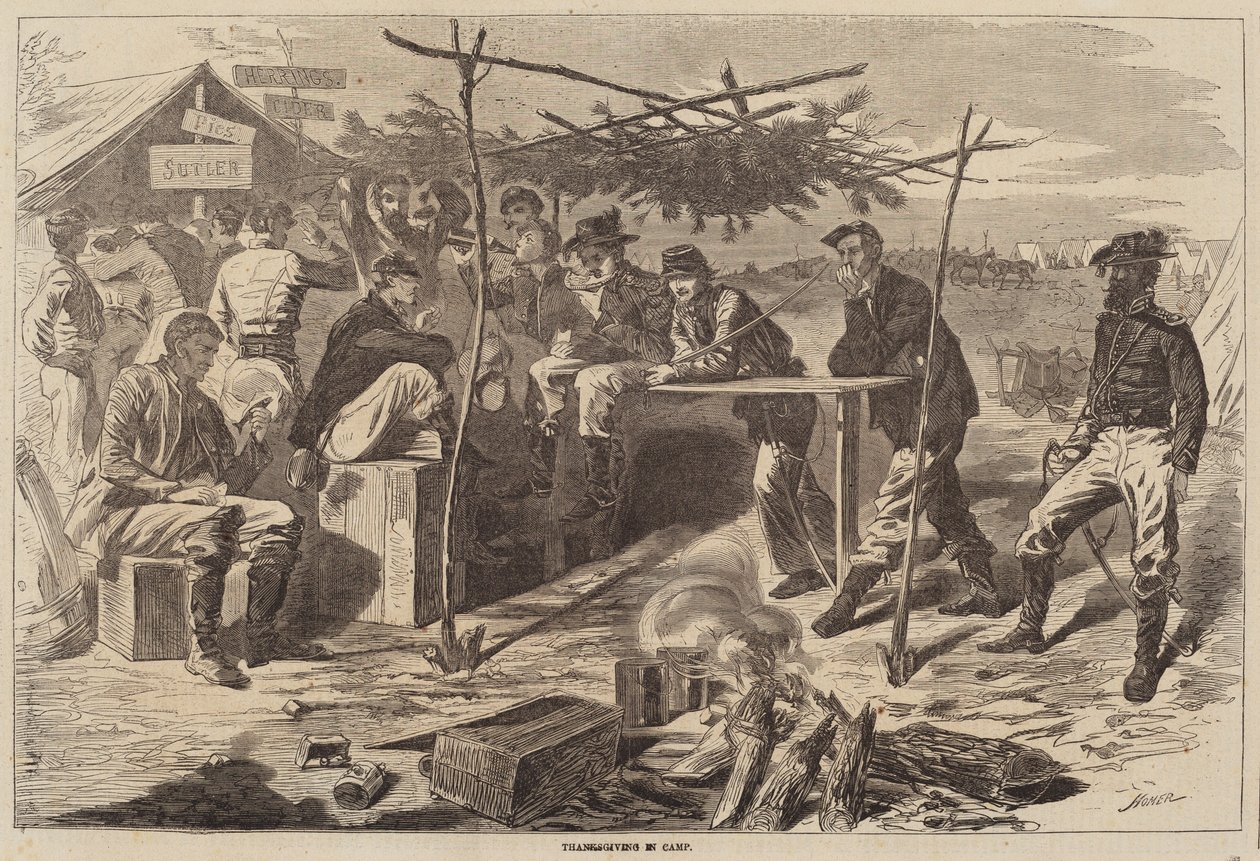 कैंप में थैंक्सगिविंग, 1862 में प्रकाशित। द्वारा विंसलो होमर