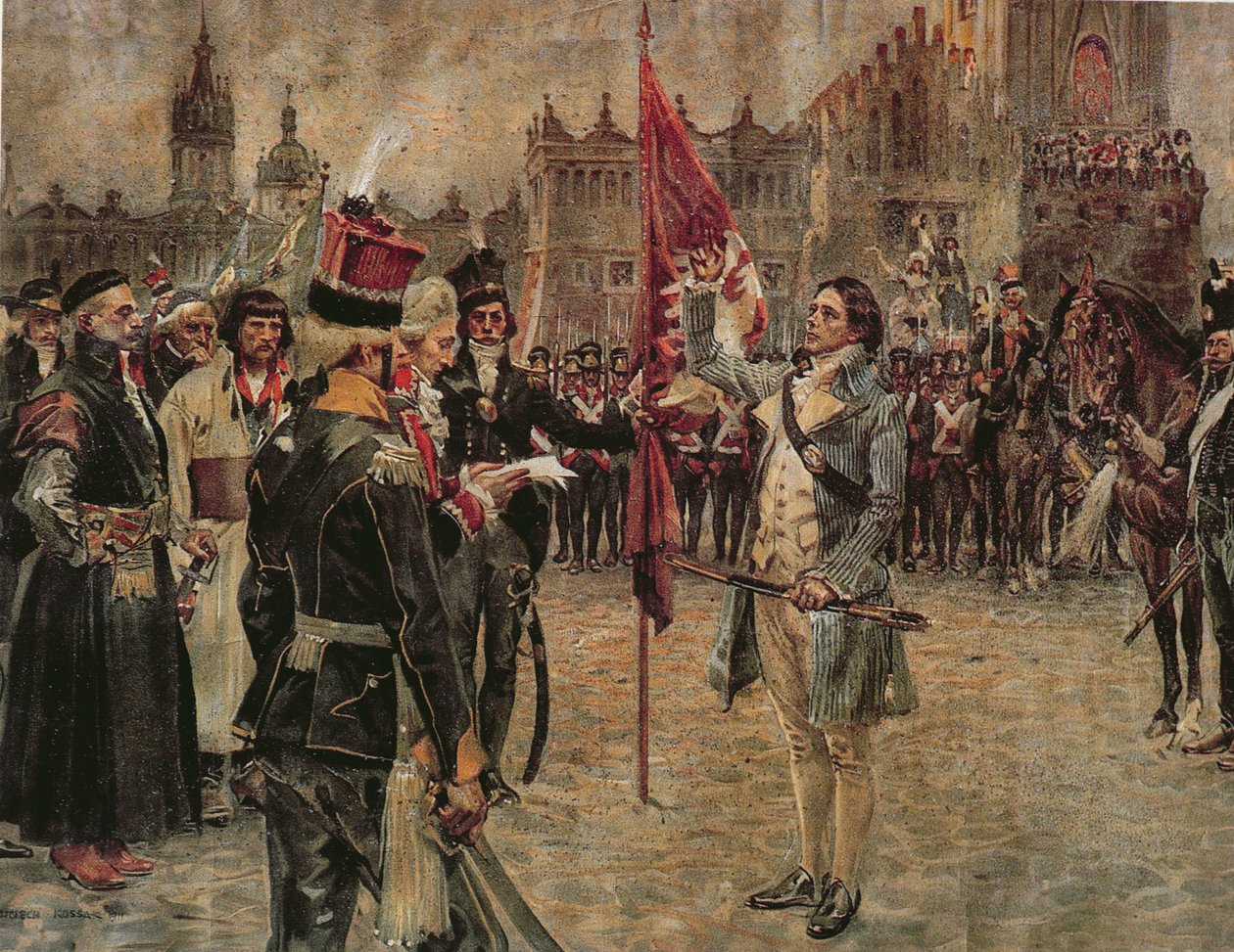 Tadeusz Kosciuszko 24 मार्च 1794 को क्राको में आता है, पोलिश लोगों को रूसी आक्रमण से लड़ने के लिए 1911 में रैली द्वारा वोज्शिएक कोसाक