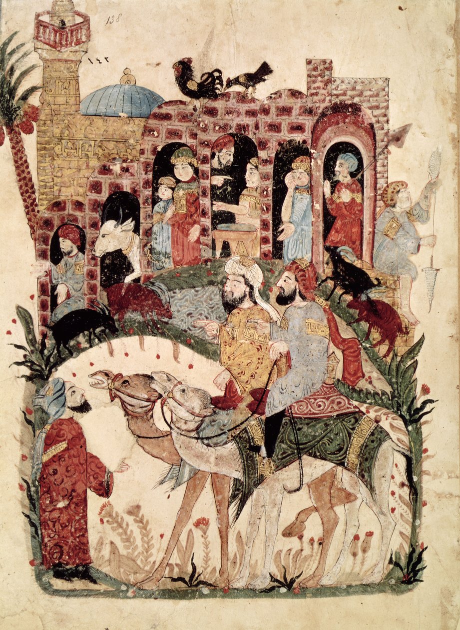 सुश्री अर 5847 f.138, अबू ज़ायद और अल-हरिथ ग्रामीणों से सवाल करते हुए, अल-हरिरी द्वारा &39;अल मकामत&39; (द मीटिंग्स), c.1240 द्वारा याहया इब्न महमूद अल वासिती