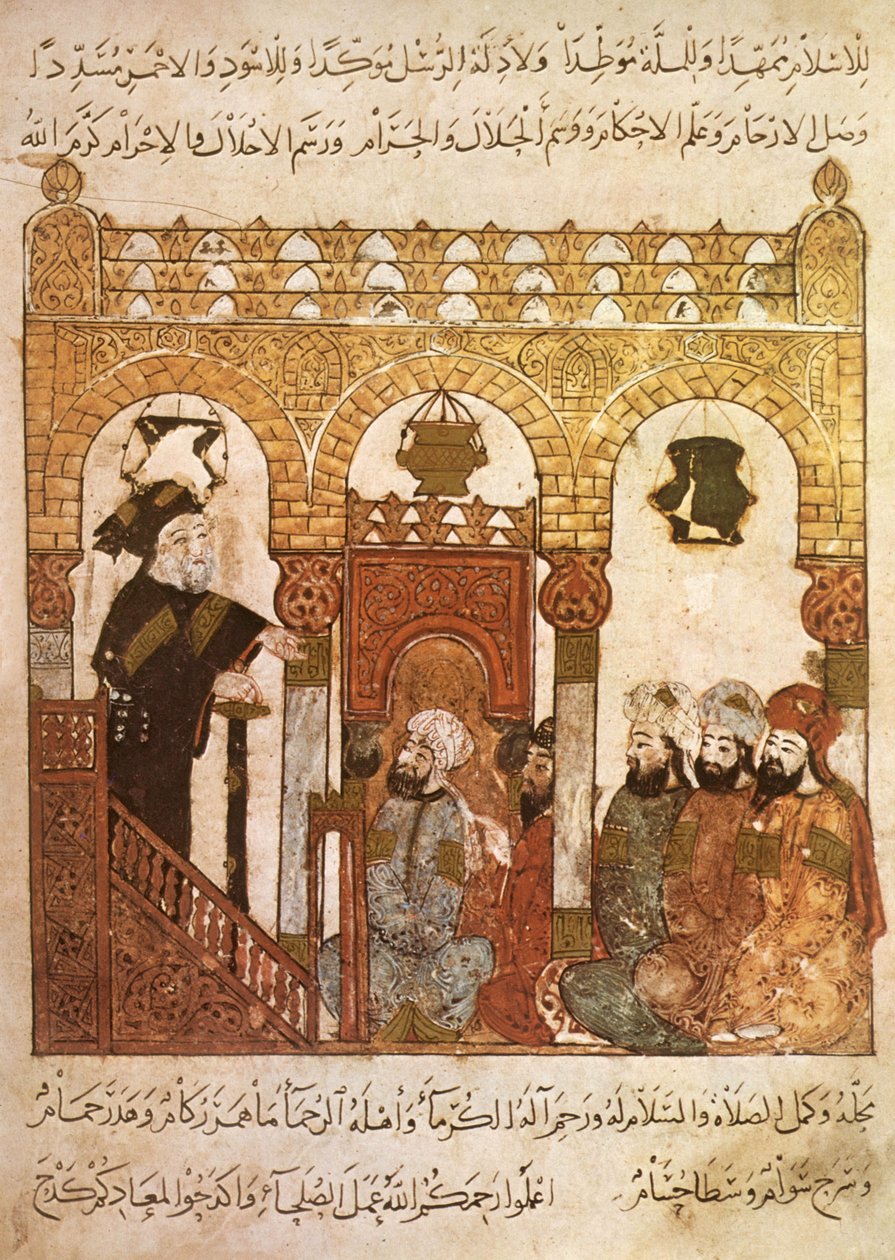 सुश्री अर 5847 f.84, अबू ज़ायद समरकंद में मस्जिद में उपदेश देते हुए, अल हरिरी द्वारा मकामात से, c.1240 (वेल्लम पर गौचे) द्वारा याहया इब्न महमूद अल वासिती