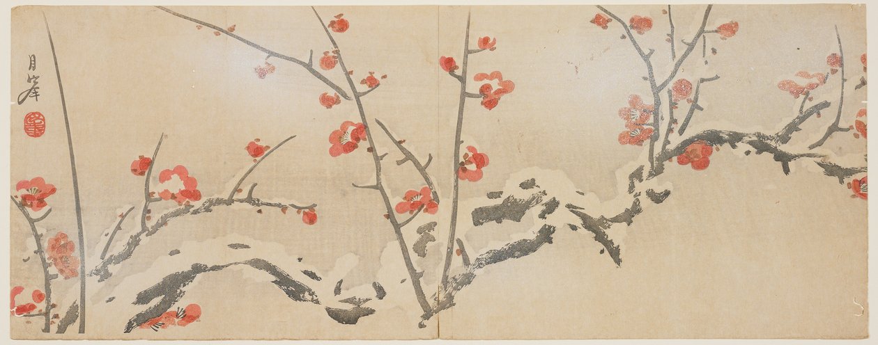 बर्फ में फूल वाले प्लम, c.1818-29 (कलर वुडब्लॉक प्रिंट) द्वारा यमोका गप्प