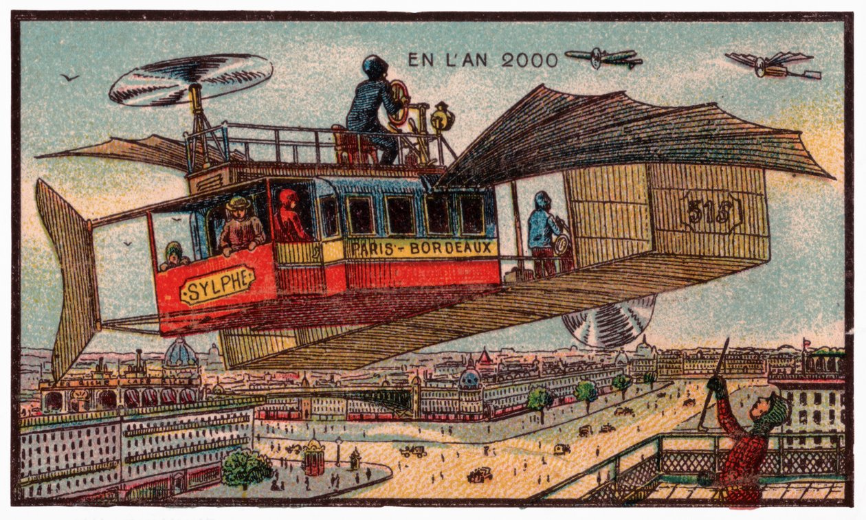 पेरिस में फ्लाइंग बस, c.1910 द्वारा . .