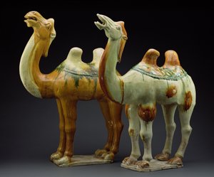 दो ऊंट, तांग राजवंश (618-907) (चमकता हुआ मिट्टी के बरतन)