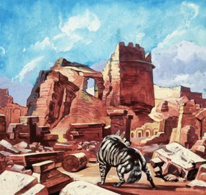 खंडहरों के बीच जंगली कुत्ता
