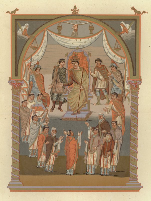 काउंट विवियन ने राजा चार्ल्स को 846 में चर्च की अपनी यात्रा के लिए बाइबिल को बाइबिल प्रस्तुत किया द्वारा जर्मन स्कूल