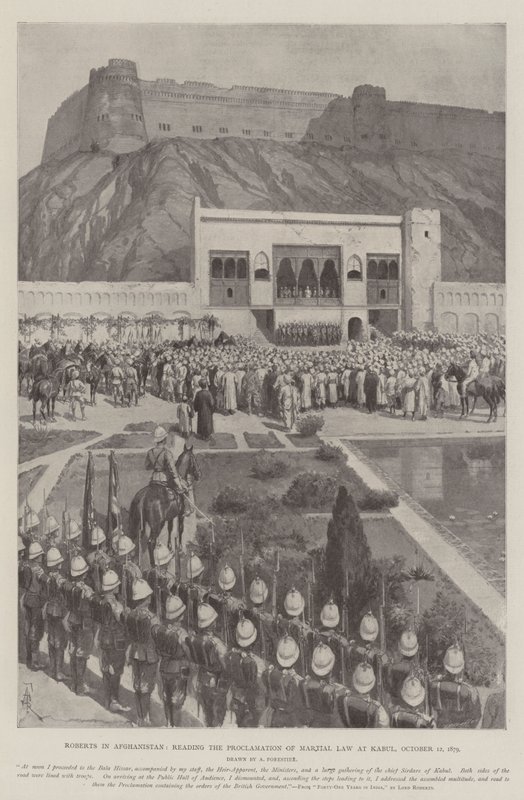अफगानिस्तान में रॉबर्ट्स, 12 अक्टूबर 1879 को काबुल में युद्ध का उद्घोष पढ़ते हुए द्वारा अमेदी फॉरेस्टियर