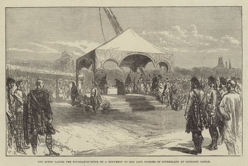डन्रोबिन कैसल में सदरलैंड के दिवंगत डचेस के लिए एक स्मारक का फाउंडेशन-स्टोन बिछाने वाली रानी द्वारा सर जॉन चार्ल्स रॉबिन्सन