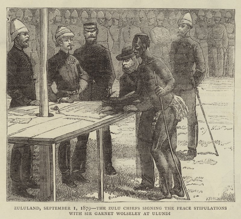 ज़ूलुलैंड, 1 सितंबर 1879, उलुंडी में सर गार्नेट वोल्सले के साथ पीस स्टिपुलेशन पर हस्ताक्षर करने वाले ज़ुलु प्रमुख द्वारा अंग्रेजी स्कूल