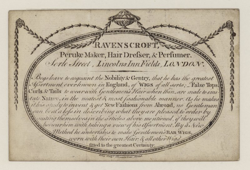 Peruke निर्माता, Ravenscroft, व्यापार कार्ड द्वारा अंग्रेजी स्कूल
