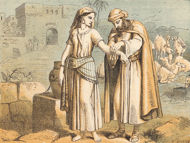 रिबका वेल एट द वेल (रंगीन उत्कीर्णन) द्वारा अंग्रेजी स्कूल