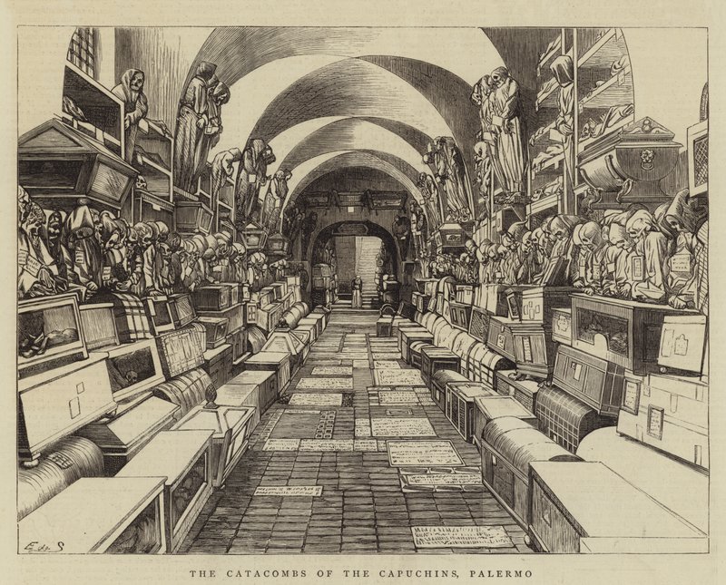 Capuchins के Catacombs, पलेर्मो (उत्कीर्णन) द्वारा अंग्रेजी स्कूल