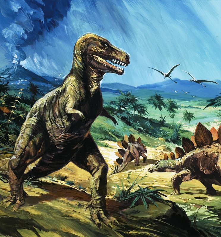 T-Rex और Stegasaurus के साथ अज्ञात डायनासोर दृश्य द्वारा अंग्रेजी स्कूल