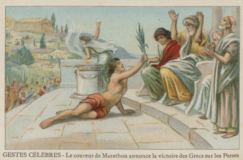 Pheidippides 490 ईसा पूर्व मैराथन में फारसियों पर यूनानियों की जीत की खबर लाता है द्वारा यूरोपीय स्कूल