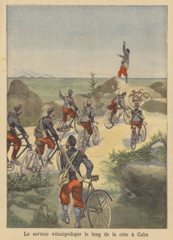 स्पेनिश-अमेरिकी युद्ध के दौरान क्यूबा तट पर स्पेनिश साइकिल सैनिकों द्वारा फ्रेंच स्कूल