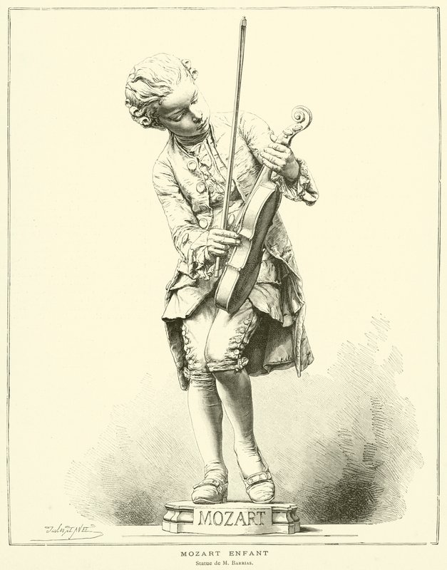 एक बच्चे के रूप में मोजार्ट, एम बैरियास की मूर्ति (उत्कीर्णन) द्वारा फ्रेंच स्कूल