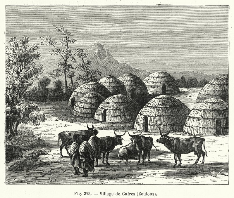 Cafres के गांव, ज़ूलस (उत्कीर्णन) द्वारा फ्रेंच स्कूल