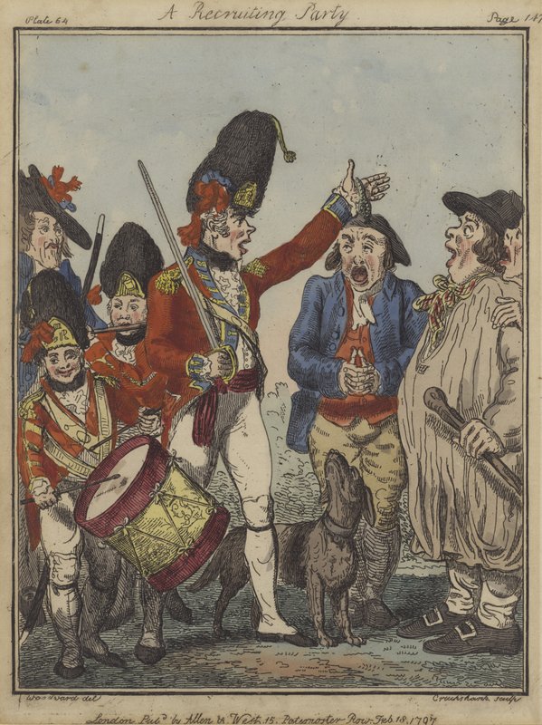 एक भर्ती पार्टी, 1797 (रंगीन नक़्क़ाशी) द्वारा आइजैक रॉबर्ट क्रूइशांक